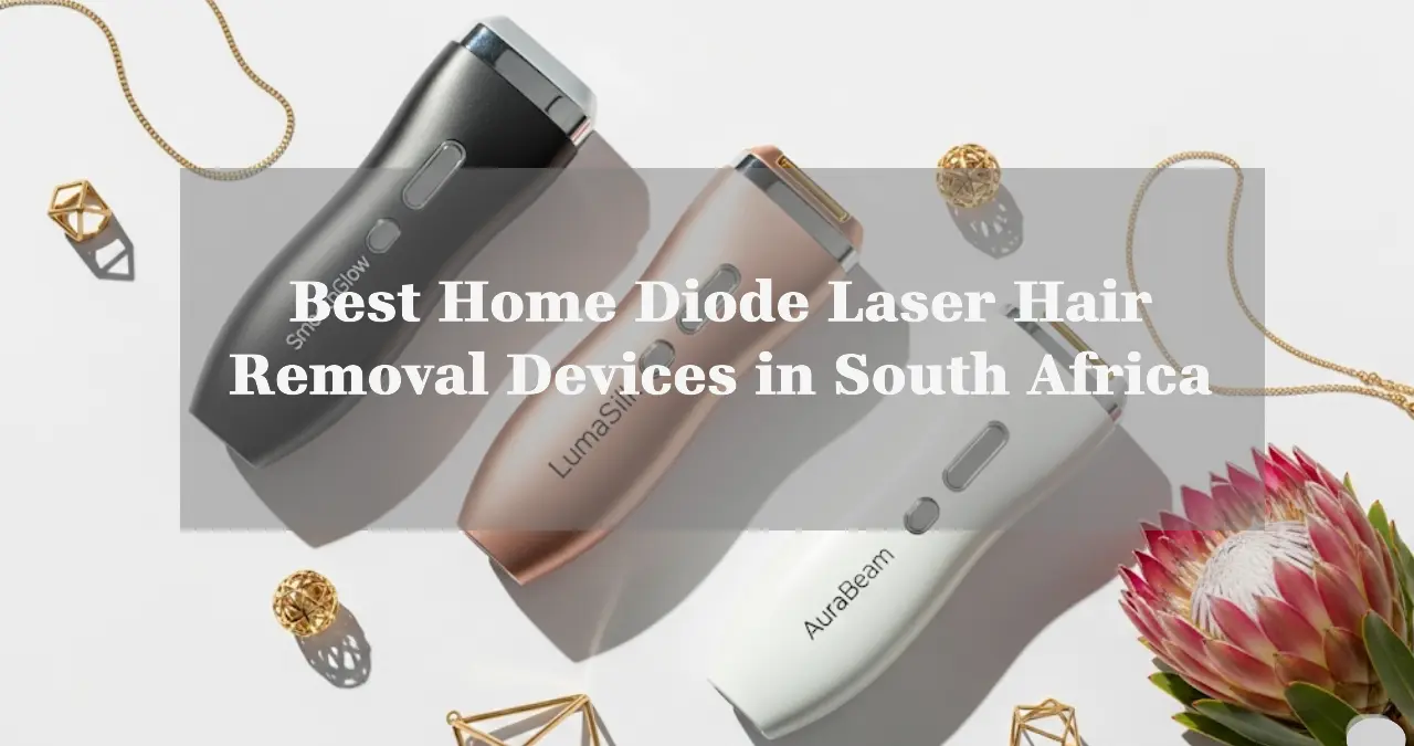 A flat-lay image of three stylish home diode laser devices on a white background with a touch of gold decor, labeled with brand names, soft natural lighting, and a South African lifestyle touch (like a small protea flower nearby).