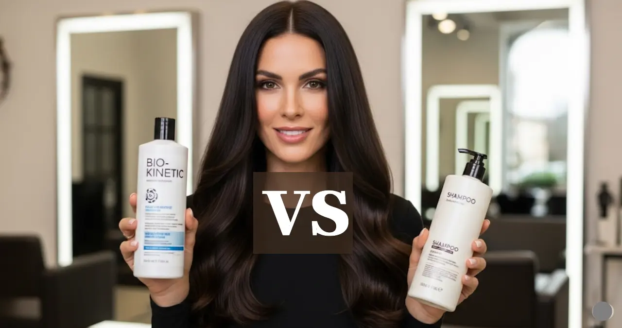 close-up of a woman with shiny, healthy hair, holding a bottle of Bio-Kinetic hair product in one hand and a generic shampoo in the other, set in a bright, modern salon environment