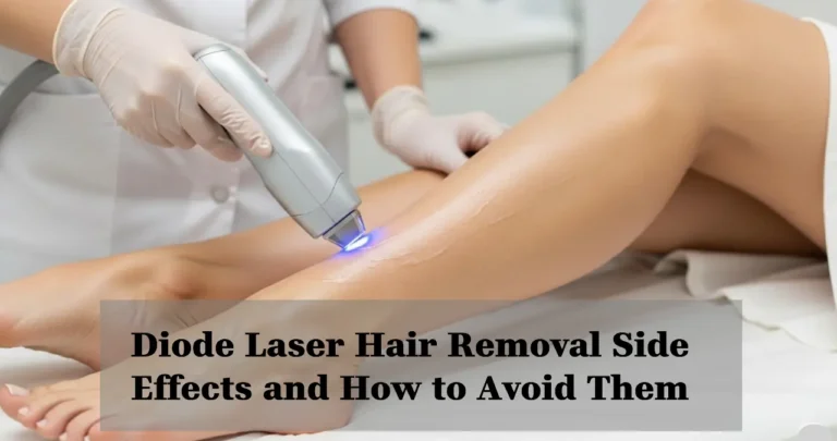 A close-up of a woman’s legs during diode laser hair removal treatment in a modern clinic, with a professional using a handheld diode laser device, bright clean background, high detail, realistic photography.