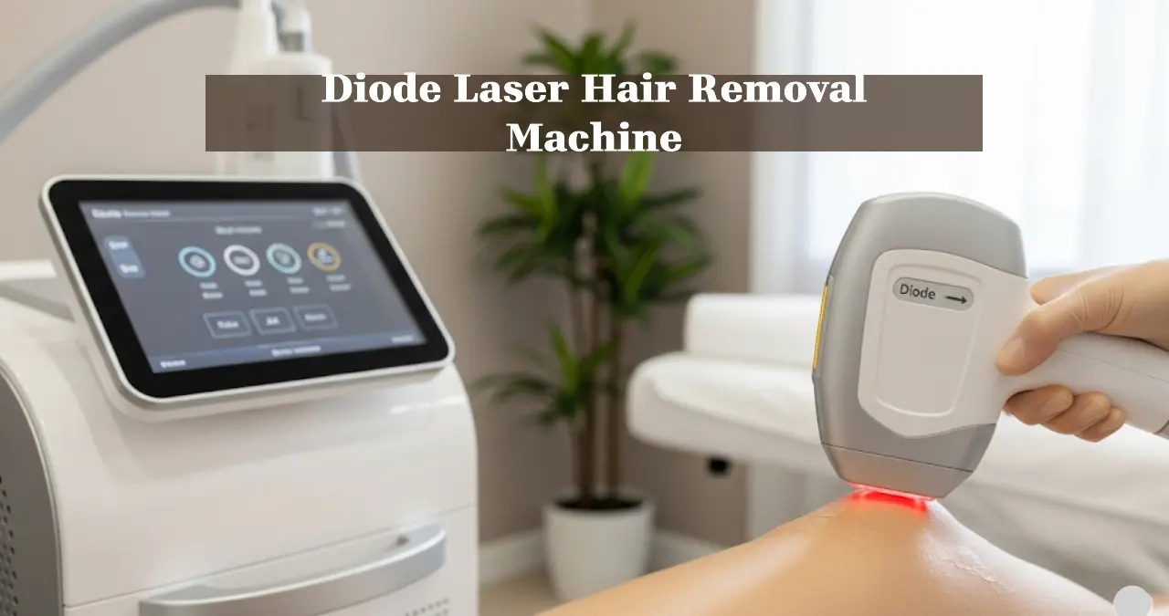 A modern diode laser hair removal machine in a clean spa setting, with a close-up of the laser handpiece over smooth skin, soft natural lighting, and a calming aesthetic.
