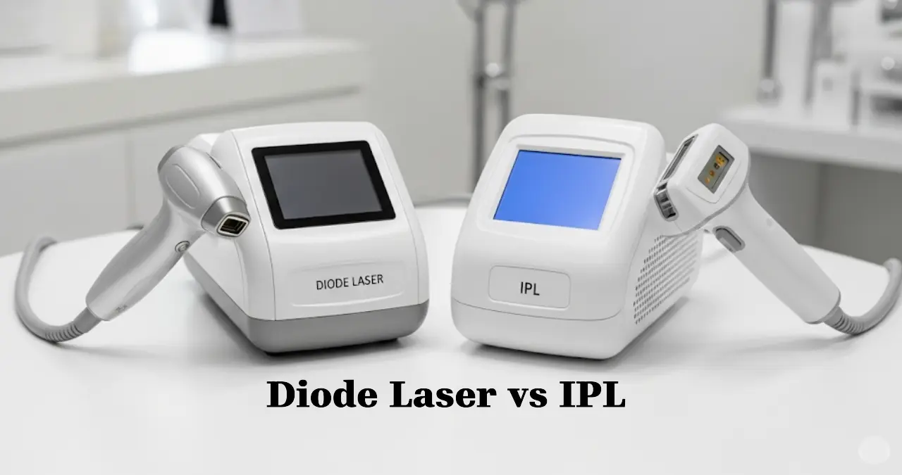 A side-by-side comparison setup showing a modern diode laser hair removal device and an IPL device on a clean white table, soft studio lighting, labeled with “Diode Laser” and “IPL,” with a professional beauty clinic background.