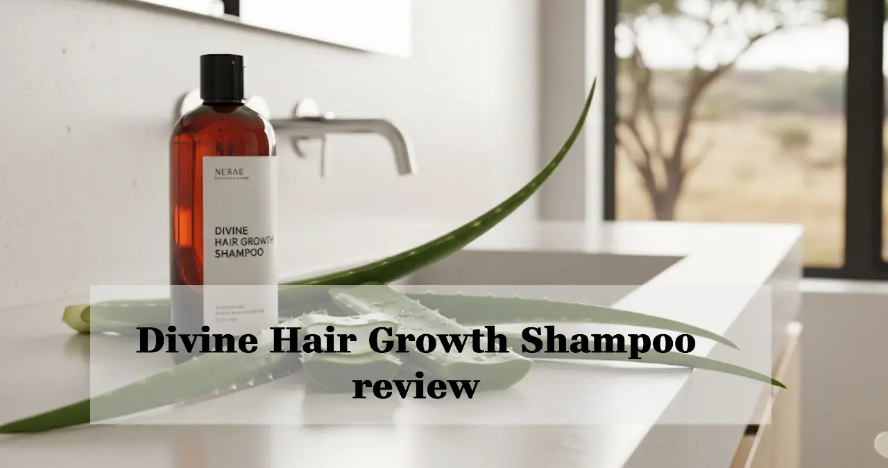 A bright, modern bathroom counter with a bottle of Divine Hair Growth Shampoo, fresh aloe vera leaves nearby, soft natural lighting, realistic South African lifestyle setting.