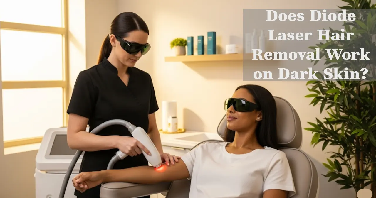 A professional beauty clinic scene with a diode laser technician treating a client with a dark skin tone, showing the handpiece in action, warm natural lighting, and a relaxed, confident client.