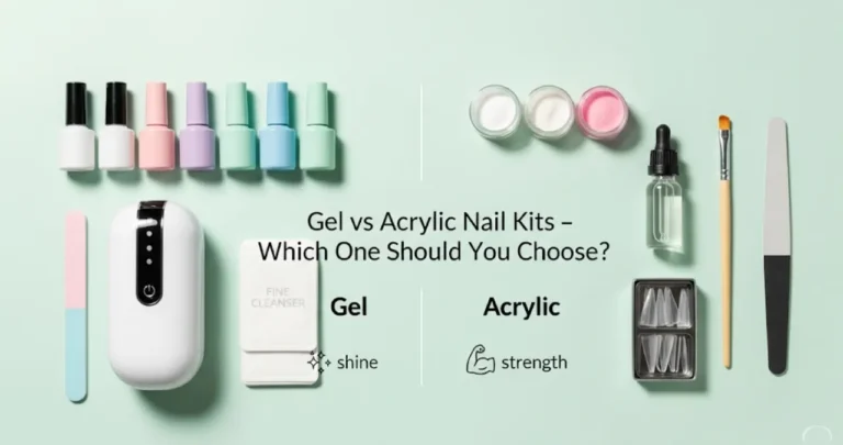 flat lay photo on a light mint green background. On the left is a gel nail kit with four bottles of pastel gel polish, a small white UV LED lamp, a pink and blue nail file, and a packet of cleanser wipes. On the right is an acrylic nail kit with three jars of acrylic powder, a small liquid monomer bottle, a brush, a box of nail tips, and a black nail file. A centered text overlay reads, “Gel vs Acrylic Nail Kits – Which One Should You Choose?” Below "Gel" is a sparkle icon and the word "shine," while below "Acrylic" is a strength icon and the word "strength.