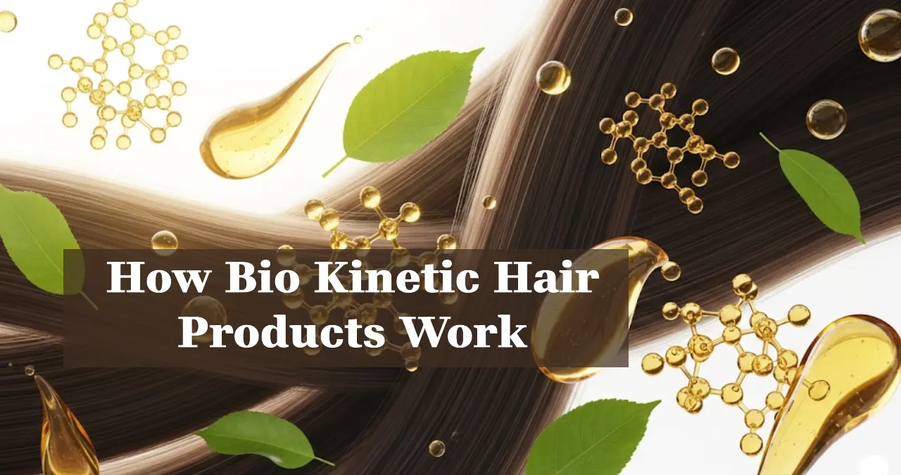 A close-up of healthy, shiny hair strands with a soft glow, surrounded by natural ingredients like keratin molecules, green leaves, and golden oils floating around. The background is bright and clean, evoking a fresh, scientific yet natural feel.