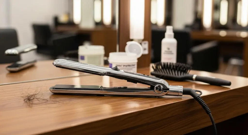 Hair straightener on a salon table