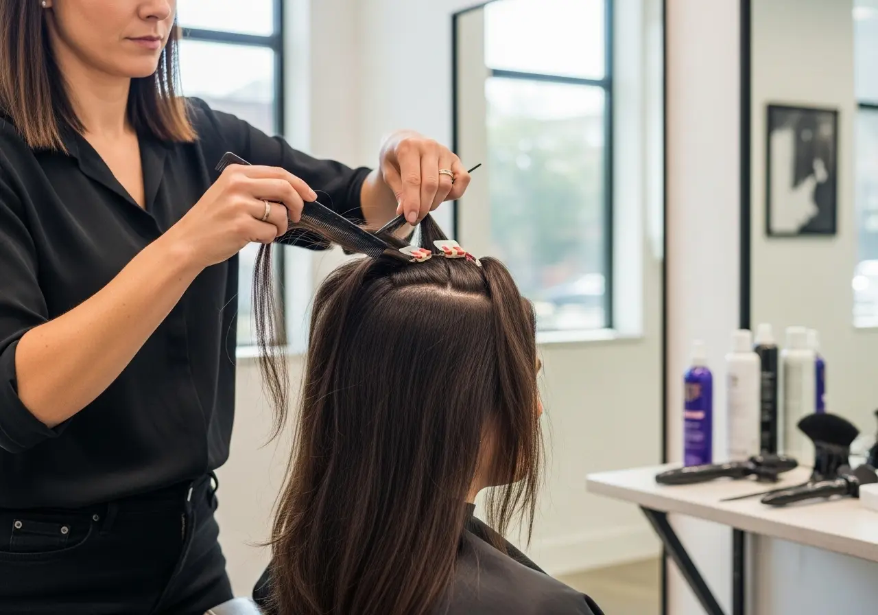 Professional hairstylist carefully removing tape-in hair extensions using proper technique and tools in a salon setting