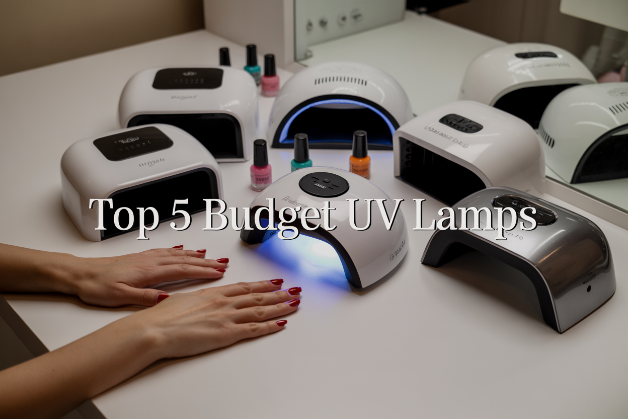 image of five modern UV nail lamps arranged on a clean white surface with soft, bright lighting, showing different sizes and designs including compact portable models and larger professional-style units, with colorful gel nail polish bottles scattered around them, manicured hands with glossy painted nails visible in the foreground, and the text "Top 5 Budget UV Lamps" overlaid in elegant typography, set against a minimalist salon-inspired background with warm ambient lighting that highlights the sleek metallic and plastic finishes of the nail lamps.